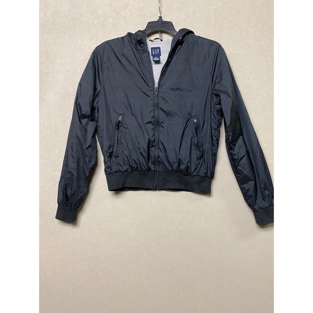 Gap Womens Black Hooded Windbreaker Jacket Jersey Lined Full Zip Bomber Size M
